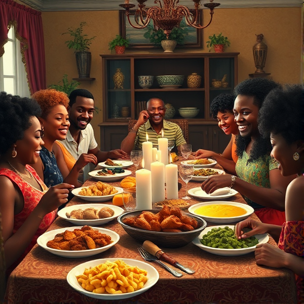 A lively African American big family gathering around a richly adorned dinner table, sharing a traditional soul food meal with dishes such as fried chicken, collard greens, macaroni and cheese, cornbread, and sweet potato pie, all set in a warm and inviting dining room filled with laughter and storytelling