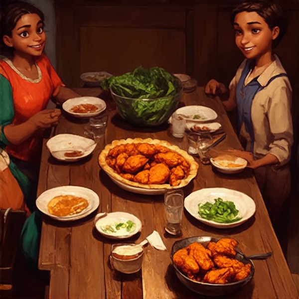 Repas de famille afro-américaine traditionnel, plusieurs générations réunies autour d'une grande table en bois rustique, débordante de plats faits maison typiques comme le poulet frit, les greens collards et la tarte de patate douce, ambiance chaleureuse avec des rires et des conversations animées, éclairage doux accentuant l'atmosphère conviviale