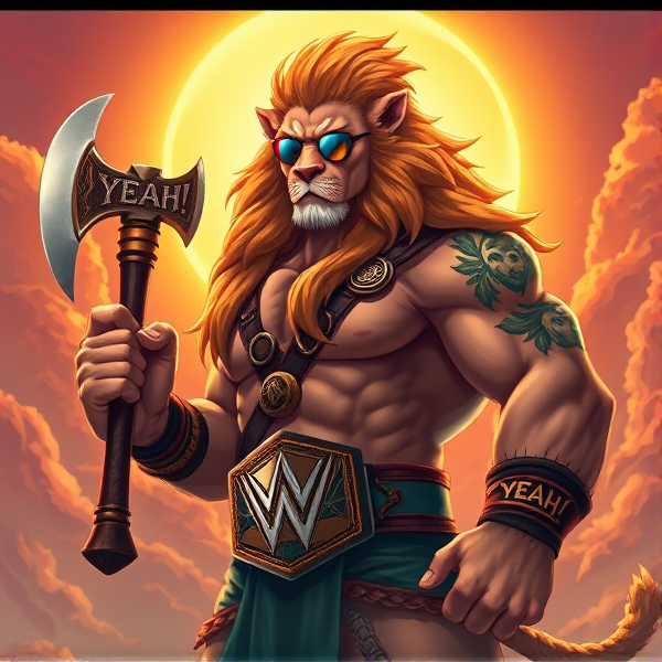 Un lion barbare dieux du soleil, il tien une hache dans la main, avec des poils de lion et une carrure imposante et avec la ceinture de la wwe le catcheur et ces lunettes de soleil, il a un tatoo sur le bras écris YEAH!