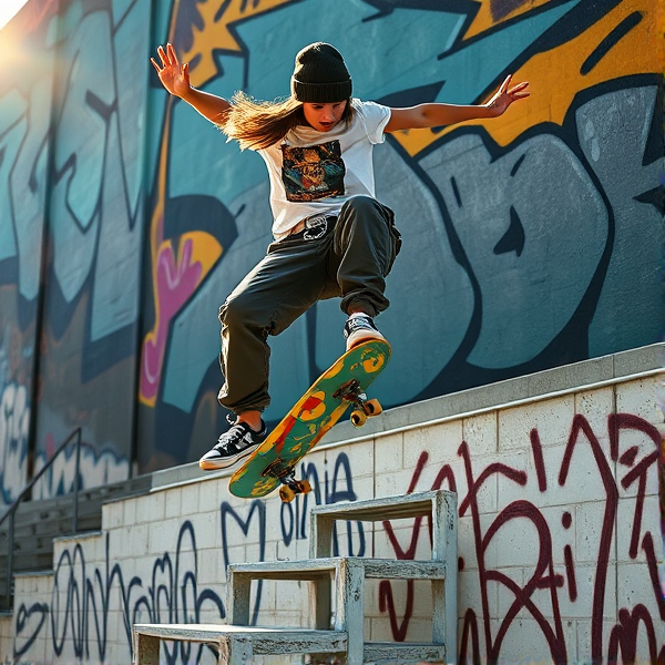 Dynamic female skateboarder executing a perfect kickflip over a five-step staircase, dressed in quintessential skater fashion with baggy cargo pants, graphic tee, beanie hat, and a prominent silver chain wallet hanging from her belt loop. Sunlight accentuates her silhouette against a vibrant urban graffiti backdrop.