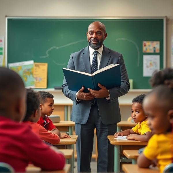 Directeur d'école afro-américain debout tenant un classeur ouvert dans ses mains portant un costume formel, dans une salle de classe avec un tableau vert, s'adressant  à un groupe d'élèves afro-américaines attentives de huit ans assises à leurs pupitres. Ils sont entourés de matériel pédagogique adapté à leur âge, comme des cartes géographiques, des affiches éducatives et des dessins d'enfants accrochés aux murs. La scène dégage une atmosphère chaleureuse et encourageante.