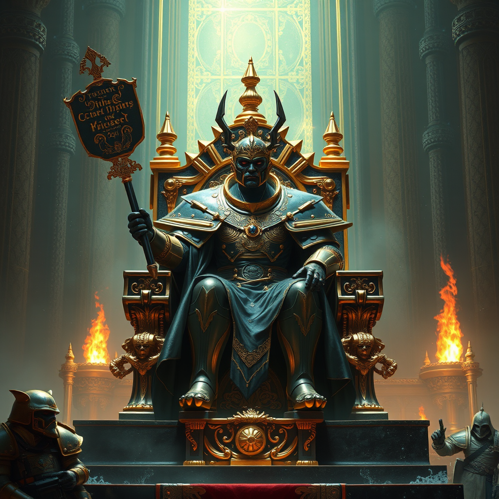 The Emperor of Mankind, on the deathless golden throne, Warhammer 40k, 3D, realistic, synthwave, retrofuturism, dieselpunk, astropunk