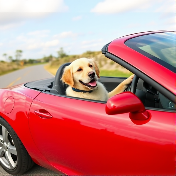 golden retriever driving a 2006 red pontiac solstice