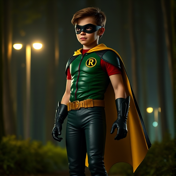 Movie Scene: A medium, preteen 12-year old boy with light skin and dark brown hair named Connor Bardley, but dressed as Robin, The Boy Wonder, with an extremely muscular body, a sleek green suit with a red torso with a black circle with a yellow R symbol on his left pectoral, a gold utility belt, black boots, black long-cuffed gloves, a big, heel-length, ultra-wide cape that's black on the outside and yellow on the inside, and a black eye mask. He has a special code: HE DOES NOT KILL. Young 12-year old Connor Bardley, now Robin, The Boy Wonder, is seen standing in a dark forest at night, finding a lost citizen that needs his help.