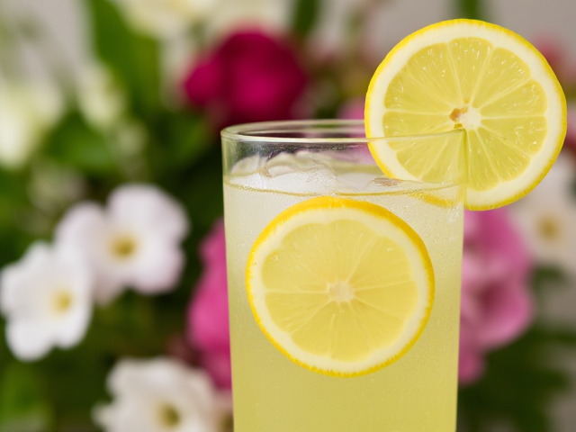 Lemonade with 2 pieces of lemon on the glass
With a flower backround