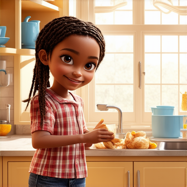 deux adolescents noirs de 14 ans vêtus de vêtements décontractés effectuant avec entrain des tâches ménagères dans une cuisine lumineuse et propre, leur petite sœur noire de 7 ans  tressés  à l'africaine les aidant joyeusement à ranger la vaisselle propre sur les étagères, fenêtre ouverte laissant entrer la lumière du jour