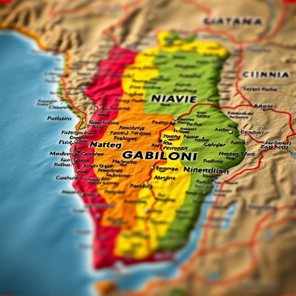 Carte détaillée et colorée du Gabon avec villes, frontières, cours d'eau et reliefs visibles