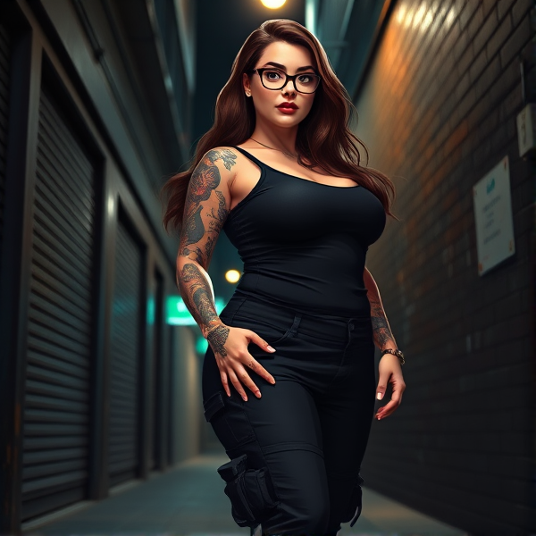 Realistic portrayal of a confident, white, curvy woman standing at 4’11” with a plus size figure, prominently featuring a large stomach, ample breasts, voluminous thighs, and a pronounced buttocks. She is 26 years old, sporting sleek black glasses and her flowing brown hair cascades down her back. Her body is adorned with a myriad of tattoos. Dressed in tactical black cargo pants paired with a form-fitting black tank top, she stands in the dimly lit ambience of an urban alleyway under the cover of night