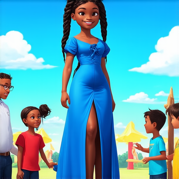 Jeune fille africaine de 8 ans, portant des tresses traditionnelles serrées et élaborées, vêtue d'une longue robe bleue, souriante et rayonnante de joie, debout au centre d'une cour de récréation ensoleillée avec des eleves en arrière-plan