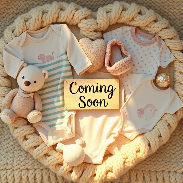 Close-up of a heart-shaped arrangement of various baby garments, such as onesies, bibs, booties, and a teddy bear, on a plush woolen blanket. The palette features soft pastel hues adorned with playful patterns like stripes and polka dots. Each piece is embellished with gender-neutral motifs such as animals and clouds. At the heart's center lies a petite wooden placard inscribed with "Coming Soon" in whimsical black script, all set against a warm, softly illuminated backdrop to evoke a sense of comfort and anticipation.