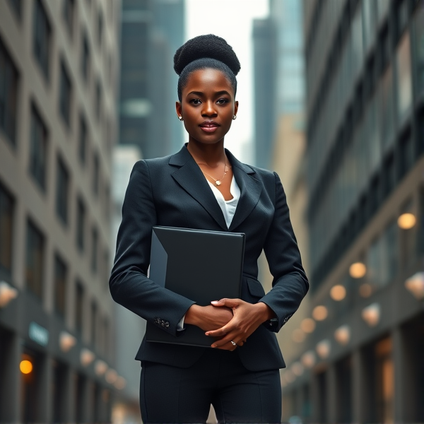 young African woman dressed in a stylish business suit, confidently holding a binder in her hands against an urban backdrop