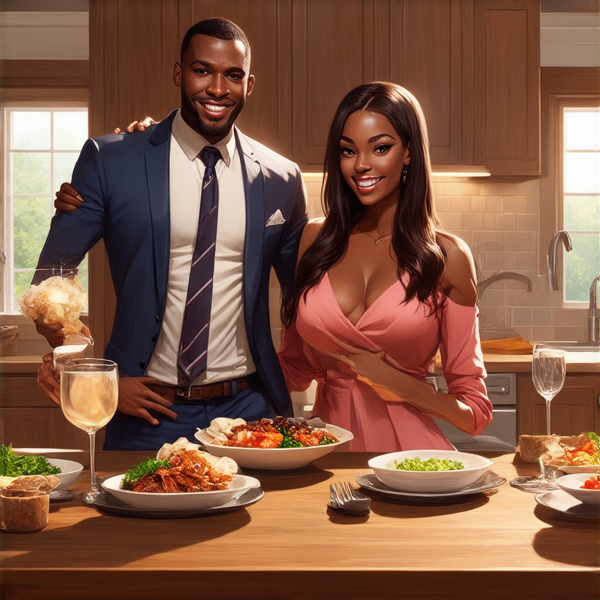 famille afro-américaine joyeuse et souriante, posant pour une photo autour d'une table de salle à manger élégamment dressée avec un assortiment de plats délicieux et hauts en couleur, dans une grande cuisine moderne aux lignes épurées avec des touches de design contemporain et un éclairage doux qui crée une ambiance accueillante