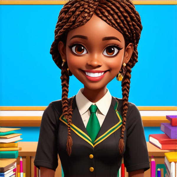 Une  institutrice africaine élégante de 50 ans avec des tresses africaines traditionnelles, vêtue d'un uniforme se tient debout devant un tableau noir dans une salle de classe lumineuse et bien rangée, souriante et prête à enseigner. Elle est entourée d'élèves noirs âgés de 10 ans et de fournitures scolaires typiques comme des livres, des cahiers et des crayons, accentuant son rôle d'éducatrice.