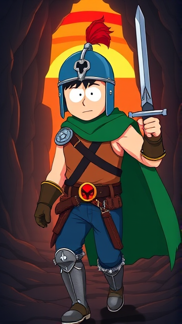 Stan Marsh from South Park, light skin and black hair, but as a 14-Year Old teenager with an extremely muscular torso, dressed as a medieval knighted warrior with a light brown tank top, a black belt with a red buckle adorned with a castle emblem, with a few pouches and the scabbard for his sword attached to it, blue jeans, steel armored boots, jeweled wrist cuffs, a big green cape, and a blue helmet with one silhouetted buffalo head emblem on both sides, outlined by silver steel rims lined around and across the top, with a long red feather sticking out at the top, now known as Sir Marsh. Despite still being a teenage kid, he is the Youngest Commander of the Zaronian Army, and one of the youngest and greatest heroes hailing from South Park, Colorado, but now reborn as the real life Kingdom of Kupa Keep, Zaron. His weapon is the legendary enchanted sword called the Slashing Blade Of The Ranger, which he swings with pride as he slashes his enemies down to size. The young teenage warrior knight is currently walking through a dark cavern, on a quest to find a mysterious enchanted artifact.