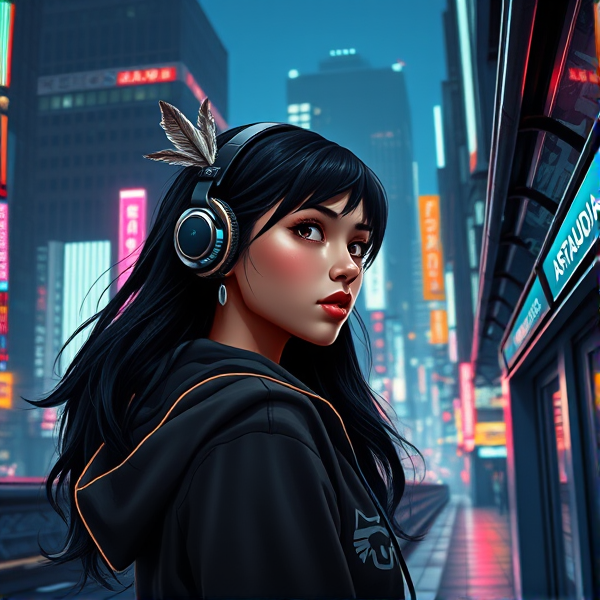 Create a 3D digital illustration featuring a Native American girl with flowing ebony hair, adorned in small tribal feather earrings. She's equipped with high-tech, conceptually designed headphones and sports a tribal-patterned hoodie (hood lowered) that hints at her heritage. As she glances back at us with a sultry, knowing gaze, desire in her eyes, she exits an underground subway station on the street level on the right side into an expansive, bustling night-time cityscape reminiscent of "Akira" or cyberpunk Tokyo. The metropolis should be filled with a myriad of vibrant neon Japanese holographic signs. At the top of this futuristic panorama, the words "ASTAUDIA PRODUCT" should be emblazoned in neon chrome using a retro-futuristic font.