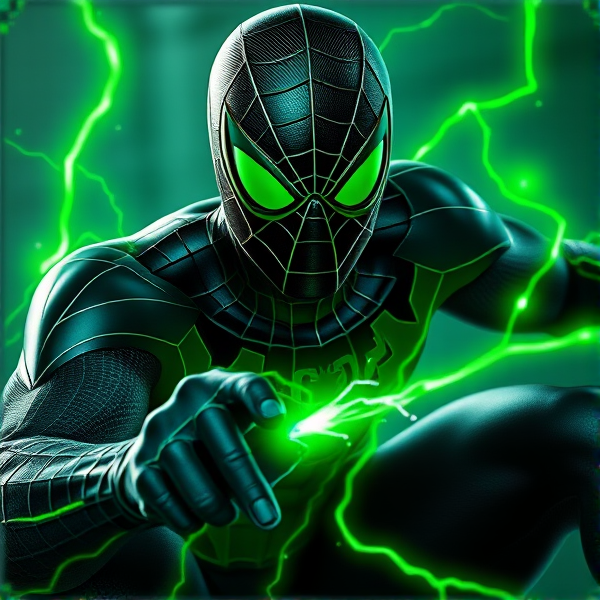 Créer une image d'un spiderman noir et vert avec des yeux vert qui contrôle l'électricité vert