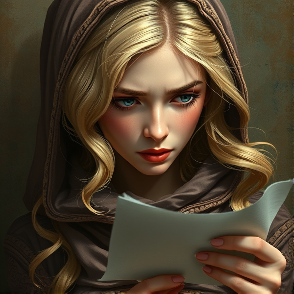 Blonde woman who is dressed poor sadly looks at sheet of paper