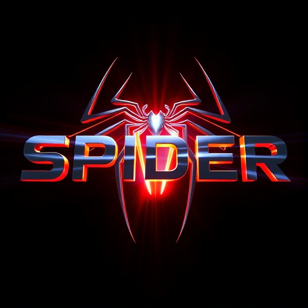 Create a visually arresting 3D logo for "SPIDER" that exudes ultra-modern, sleek design elements with bold sans-serif typography which dynamically bursts forth from a pitch-black background. Infuse the artwork with electrifying light beams inspired by the Capcut app icon's luminosity, casting profound shadows and creating striking highlights across the logo's contours. Incorporate a fusion of cutting-edge curves, crisp edges, and fluid lines to convey both rapidity and elegance. The logo should be enveloped in a metallic skin exhibiting a lustrous, mirror-like finish to dramatically bounce off light, imbuing it with an essence of vigorous motion. Draw upon Pixar's hallmark of incisive imagery and pronounced geometric shapes, injecting the tableau with a lively color spectrum and polished surfaces for additional depth. Utilize rendering techniques paralleling Unreal Engine's hyper-realism and Octane Renderer's ray tracing capabilities to achieve mesmerizing reflections, alongside V-Ray's sophisticated lighting effects to accentuate the mood. Strive for an overwhelmingly surreal visual spectacle that flirts with sci-fi elements, deliberately exaggerating every aspect for maximal impact. This creation ought to be perceived as audaciously lavish, overtly eschewing any inclination towards subtlety or minimalism.