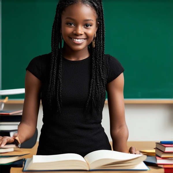 Une institutrice africaine élégante de 50 ans avec des tresses africaines traditionnelles, vêtue d'une robe noire se tient debout devant un tableau noir dans une salle de classe lumineuse et bien rangée, souriante et prête à enseigner. Elle est entourée d'élèves noirs âgés de 10 ans et de fournitures scolaires typiques comme des livres, des cahiers et des crayons, accentuant son rôle d'éducatrice.