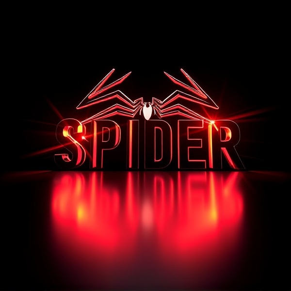 Create a visually arresting 3D logo for "SPIDER" that exudes ultra-modern, sleek design elements with bold sans-serif typography which dynamically bursts forth from a pitch-black background. Infuse the artwork with electrifying light beams inspired by the Capcut app icon's luminosity, casting profound shadows and creating striking highlights across the logo's contours. Incorporate a fusion of cutting-edge curves, crisp edges, and fluid lines to convey both rapidity and elegance. The logo should be enveloped in a metallic skin exhibiting a lustrous, mirror-like finish to dramatically bounce off light, imbuing it with an essence of vigorous motion. Draw upon Pixar's hallmark of incisive imagery and pronounced geometric shapes, injecting the tableau with a lively color spectrum and polished surfaces for additional depth. Utilize rendering techniques paralleling Unreal Engine's hyper-realism and Octane Renderer's ray tracing capabilities to achieve mesmerizing reflections, alongside V-Ray's sophisticated lighting effects to accentuate the mood. Strive for an overwhelmingly surreal visual spectacle that flirts with sci-fi elements, deliberately exaggerating every aspect for maximal impact. This creation ought to be perceived as audaciously lavish, overtly eschewing any inclination towards subtlety or minimalism.
