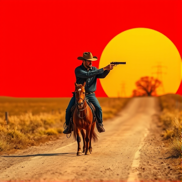 Red background a stereo on a country road with a cowboy shooting