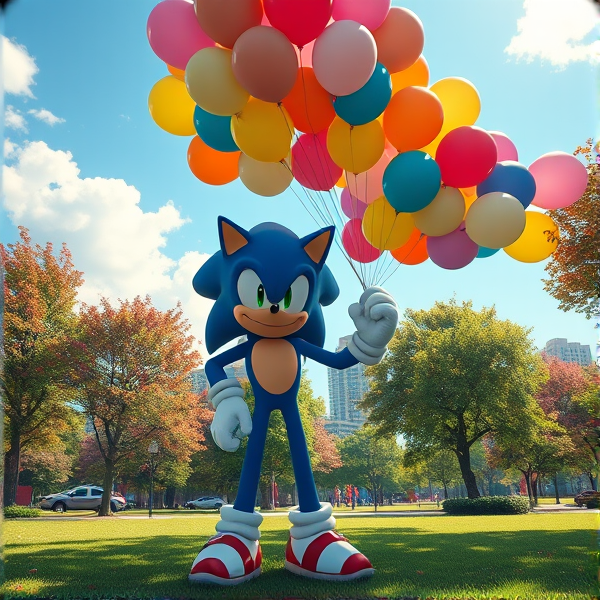 At the sunny day park Sonic standing pose clench helium gas cylinder tank hanging big bunch of many colorful 16 inch balloons 450 each