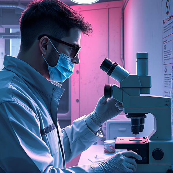 And Asbestos assessor assessing an asbestos job site followed by analysing air monitoring filter membranes using phase contrast microscope at laboratory.