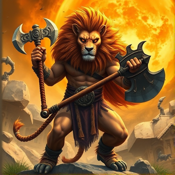 Un Lion barbare dieux du soleil une hache de guerre comme Léo escanor, avec des poils de lion et une carrure imposante