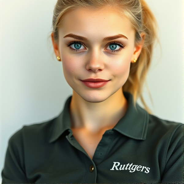 Photorealistic portrait of a youthful, naturally beautiful 19-year-old woman with light blonde hair pulled back into a pony tail. Her light blue eyes are accentuated by thick black lashes and her face is framed by a heart-shaped countenance. A delicate scattering of light freckles embellishes her nose, adding charm to her front-facing pose. She dons a dark green-gray polo shirt, the fabric clinging just enough to suggest a slender figure without being tight, featuring subtle white embroidery that spells "Ruttgers" over the left chest area. This is paired with a tasteful black mini skirt that enhances her chic yet simple style. Small gold hoop earrings add a modest touch of elegance to complete the image which embodies youthful grace and an air of simplicity.