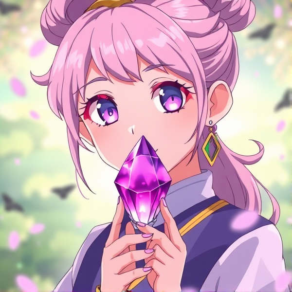 Lingsha looking at a small purple crystal anime style