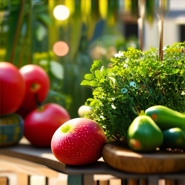 Jardin luxuriant avec diverses arbustes verdoyants, fruits et légumes et une élégante clôture en bois
