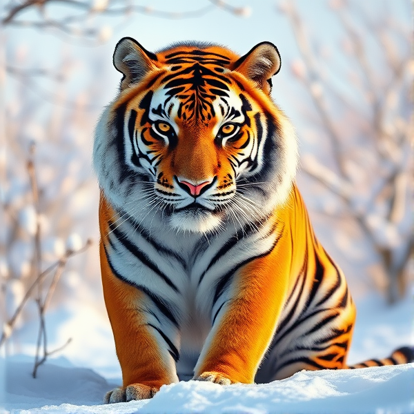 Majestic Siberian tiger against a serene snowy winter backdrop with hints of spring blossoming in the background, showcasing the transition between seasons, vivid colors