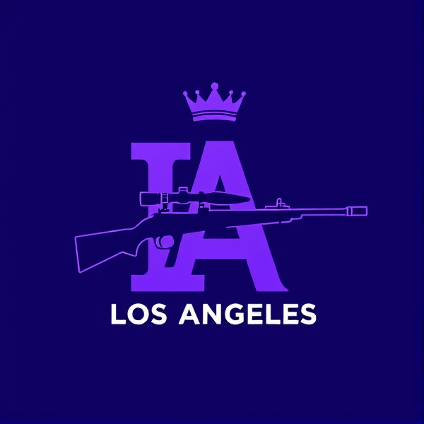 Create a logo with the initials of los angeles in purple with a crown an and sniper of top