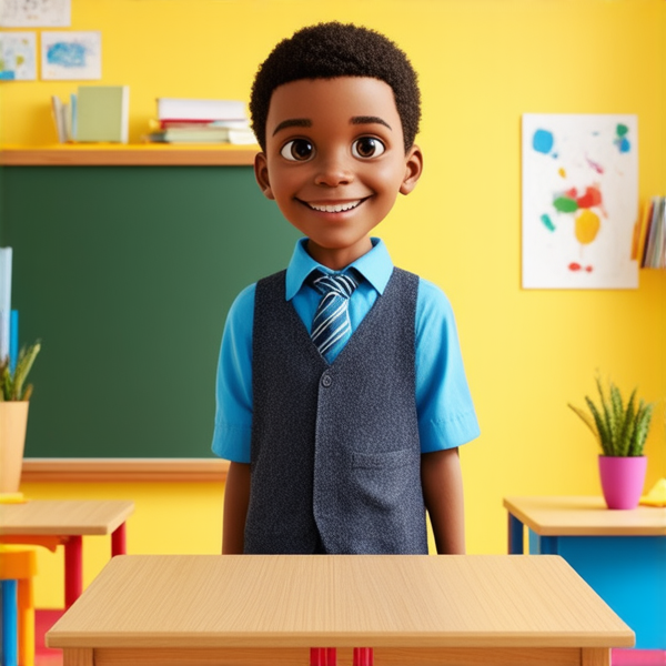 deux garçons noirs de 14 ans, vêtue d'uniforme scolaire , debout souriante et concentrée devant un tableau noir rempli de regles d'orthographe en français  dans une salle de classe ensoleillée et colorée avec des bureaux en bois et des affiches éducatives sur les murs