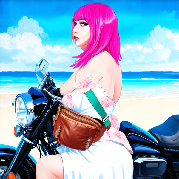 Aquarelle : Femme avec des cheveux rose fuchsia sur une harley noir roule sur le plage. elle porte une robe blanche à grosse fleur rose layette et un sac banane à main en cuir marron lanière rose et bleu et vert porté en bandoulière