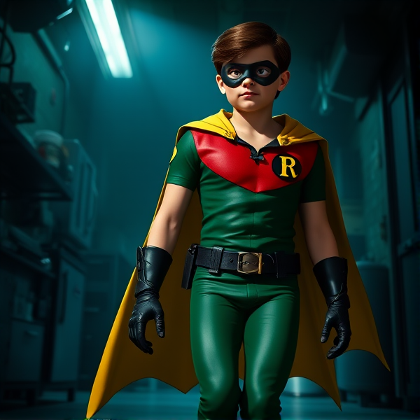 Movie Scene: A medium, preteen 12-year old boy with light skin and dark brown hair named Connor Bardley, but dressed as Robin, The Boy Wonder, with an extremely muscular body, a sleek green suit with a red torso with a black circle with a yellow R symbol on his left pectoral, a gold utility belt, black boots, black long-cuffed gloves, a big, heel-length, ultra-wide cape that's black on the outside and yellow on the inside, and a black eye mask. He has a special code: HE DOES NOT KILL. Young 12-year old Connor Bardley, now Robin, The Boy Wonder, is seen walking through a dark laboratory at night, looking for clues to the mystery he is trying to solve.
