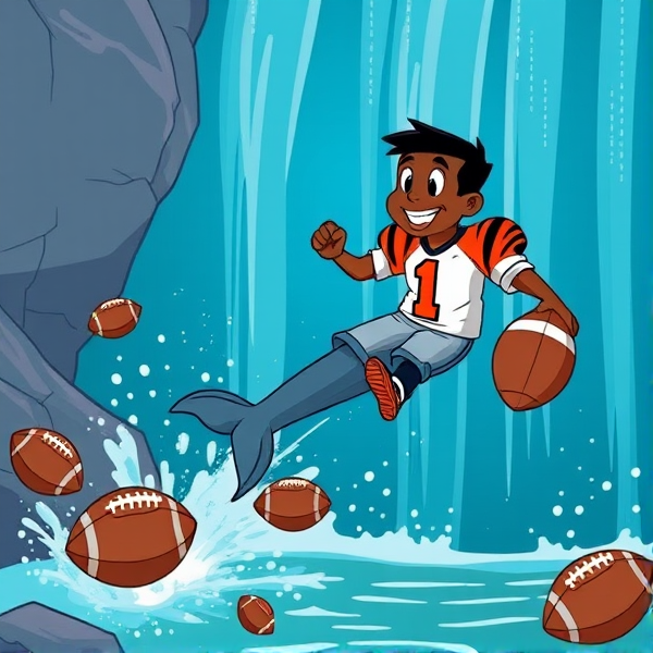 Cartoon Jamar chase  wearing jersey number 1 for the Cincinnati bengals riding a dolphin at a waterfall chasing footballs