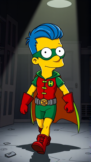 Milhouse Van Houten from The Simpsons, with his yellow skin, really big round nose, and blue hair that's slicked back and curled up at the top, but as an 18-year old teenager, dressed as a parody of Robin, The Boy Wonder, with an extremely muscular torso and arms, a green bodysuit with a red torso adorned with a green H symbol on his chest, a grey utility belt, red boots, red long-cuffed gloves, a big green cape, and a green eye mask with optical lenses in it, now known as Houseboy, The Nerd Wonder, the other half of Springfield's Dynamic Duo, and one of the greatest vigilante superheroes ever known in Springfield. He is currently walking through an abandoned house at night, looking for clues to the mystery he is trying to solve. (EXACTLY AS I DESCRIBED.)