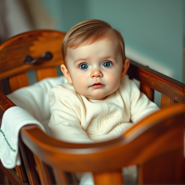 Photo prise dans les années 1990-2000 d'un bébé fille ( yeux bleu, brun claire, potelée )dans les 6 mois dans un couffin en bois. Vieillir la photo comme s'il elle avait passé 20 dans un album
