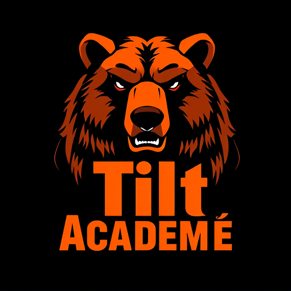 Conception d'un logo sophistiqué avec un ours grizzly majestueux et imposant, illustré avec des détails fins et réalistes, dans des teintes éclatantes d'orange et de noir. Le grizzly doit être représenté dans une pose noble qui reflète sa puissance. Incorporer le texte 'Tilt Académie' avec une typographie élégante et moderne qui s'harmonise parfaitement avec l'image, créant ainsi un ensemble cohérent et esthétiquement agréable. Les lettres doivent se fondre naturellement dans la conception sans perturber l'image du grizzly. Style artistique raffiné requis pour une image de haute qualité professionnelle.
