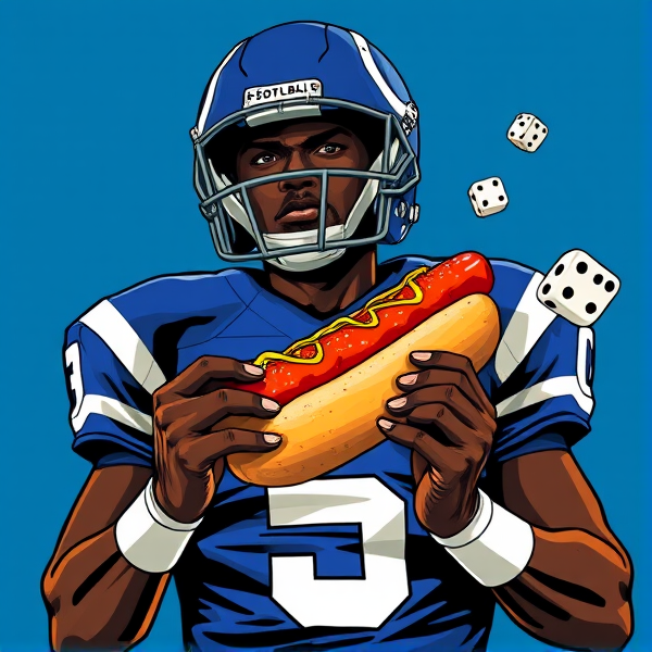Black quarterback number 5 for Indianapolis colts holding a corndog and playing dice