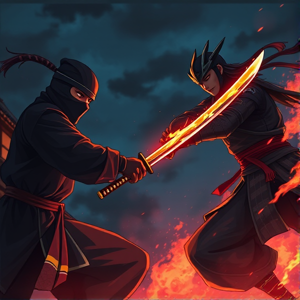 Ninja and samurai fight intensely at night but the samurai has a flaming sword