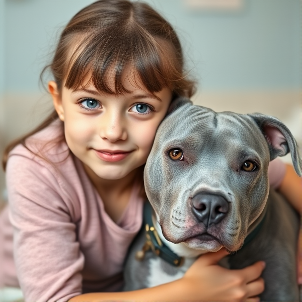 A 9 year old girl with brown hair cuddling a grey Staffordshire Bull terrier