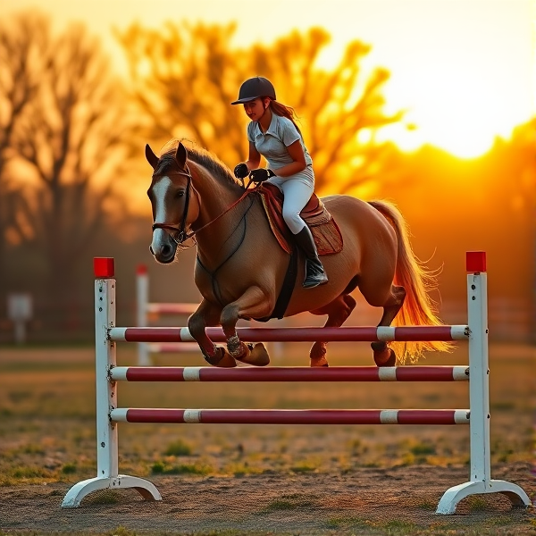 teen age girl riding a minature pony (make sure she looks really tall on the pony) juming over a smalll showjump