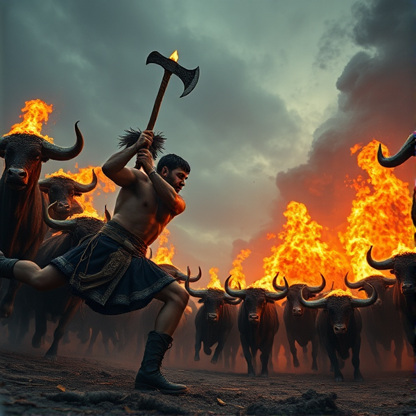 John tomahawk slaying an army of massive flaming bulls