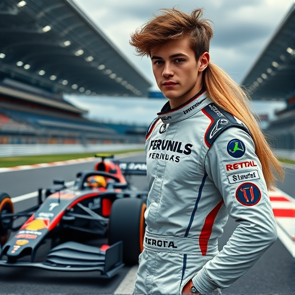 can you make a 17 year old white man with fluffy dark hair kinda on the skinnier side and can you make him stand by a f1 race car on a really cool track. with a racing suit on and a hot blonde girl next to him