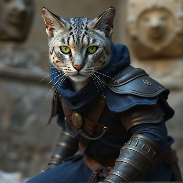 Tabaxi à fourrure grise, apparence de félin proche du jaguar, des yeux vert émeraude
Vêtue d'une tenue bleue nuit et d'une armure en cuire marron sombre pour préserver son agilité.
L'armure couvre une partie du torse, les épaules, les avants bras, et les cuisses, ne porte pas de bottes.