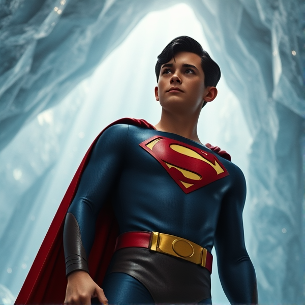 1990's Cinematic Movie Scene: Jon Kent, AKA Superboy, the young little 12-year old super son of Superman, and the first kid to be born as the world's first Half-Kryptonian child. Despite being a kid, he has all of his father's powers, with an extremely muscular body, the iconic costume, the singular curled bang sticking out at the front of his flat and smooth black hair, and a long cape. The young little Half-Kryptonian kid, Jon Kent, now Superboy, stands in his secret icy crystal lair in the Arctic, the Fortress Of Solitude, talking to the apparitions of his ancient Kryptonian ancestors for help, information, and guidance to his destiny.