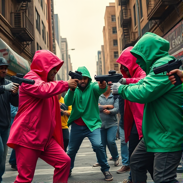 Intense urban showdown between rival factions, with one gang adorned in vibrant red and pink attire facing off against another gang decked out in varying shades of green, amidst a gritty city backdrop riddled with dynamic gunfire exchanges and dramatic action poses
