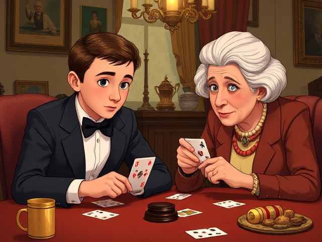 A young 10 year old James Bond playing a card game with his old woman nanny.